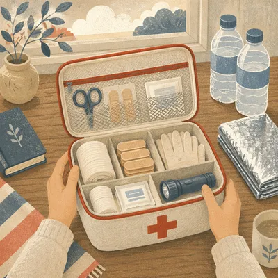 Organized First Aid Kit on Wooden Table