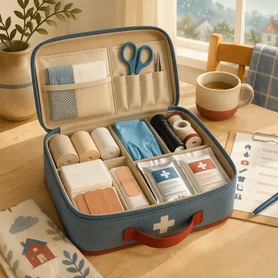 Prepared First Aid Kit on Kitchen Table
