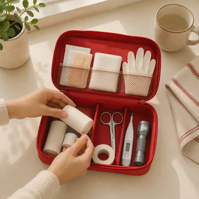 Prepared First Aid Kit on Kitchen Table