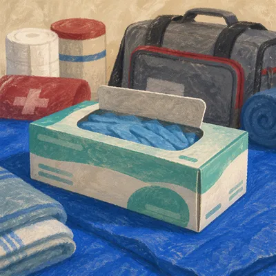 Medical Gloves on Blue Emergency Blanket