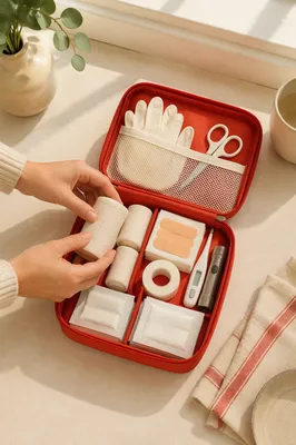 Open First Aid Kit with Emergency Supplies