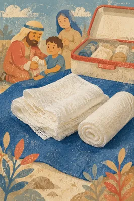 First Aid Gauze on Blue Medical Cloth