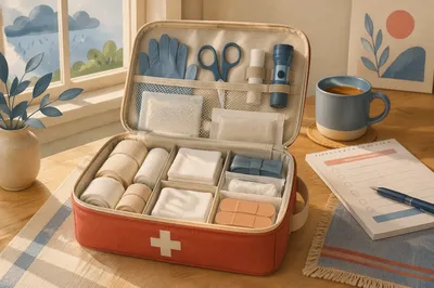 Prepared First Aid Kit on Kitchen Table