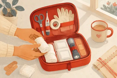 Prepared First Aid Kit on Kitchen Table