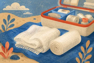 Emergency First Aid Gauze on Blue Cloth