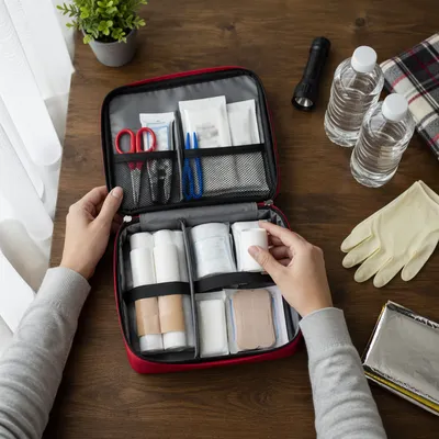 Organized First Aid Kit Emergency Supplies Flat Lay