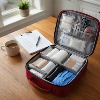 Prepared First Aid Kit on Kitchen Table