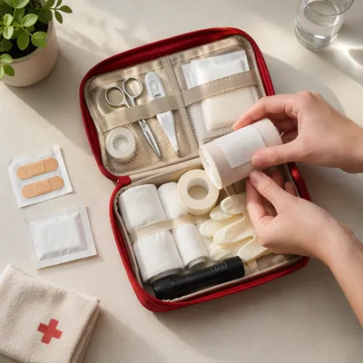 Prepared First Aid Kit on Kitchen Table