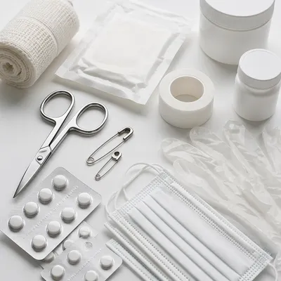 First Aid Kit Emergency Supplies Flat Lay