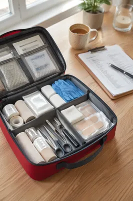 Prepared First Aid Kit on Kitchen Table
