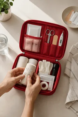 Prepared First Aid Kit on Kitchen Table