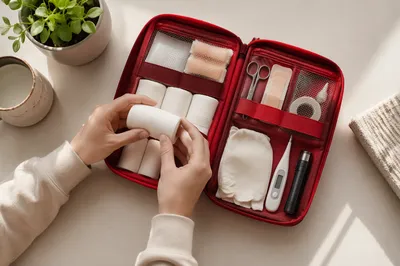 Open First Aid Kit with Emergency Supplies