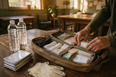 Emergency First Aid Supplies on Wooden Table