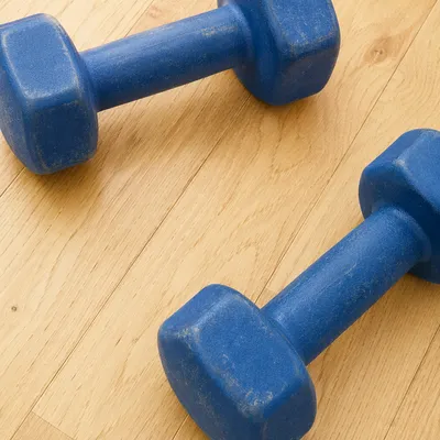 Blue Dumbbells on Wooden Rehab Gym Floor
