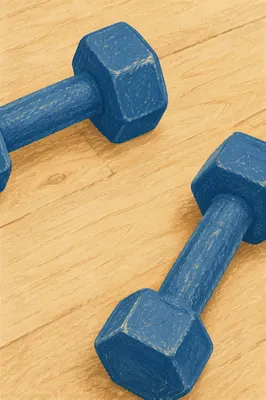 Blue Dumbbells on Maple Gym Floor