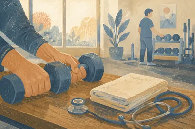 Rehabilitation Workout With Dumbbells and Stethoscope
