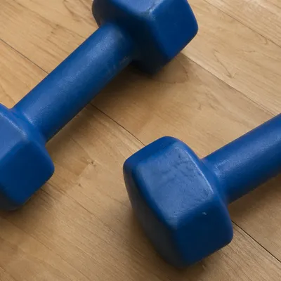 Blue Dumbbells on Maple Gym Floor
