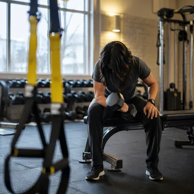 Focused Dumbbell Curl in Rehabilitation Gym