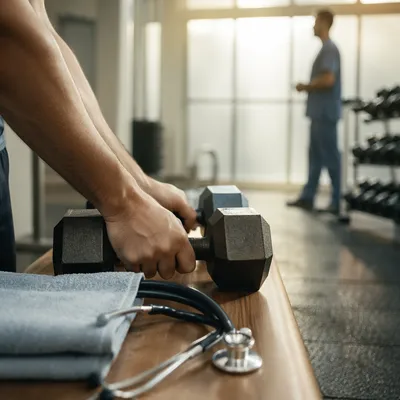 Rehabilitation Workout With Dumbbells and Stethoscope