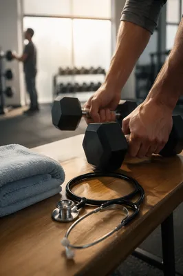 Rehabilitation Workout With Dumbbells and Stethoscope