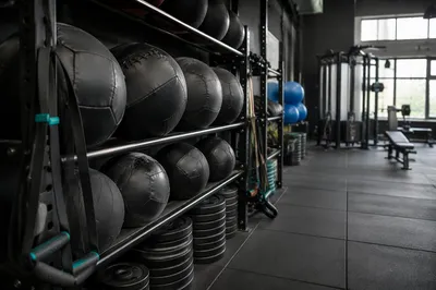Empty Functional Fitness Gym With Medicine Balls
