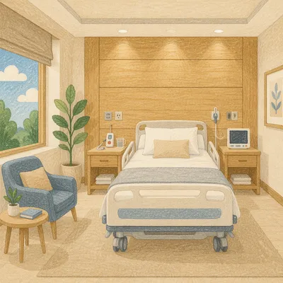 Clean Private Hospital Room with Warm Wood