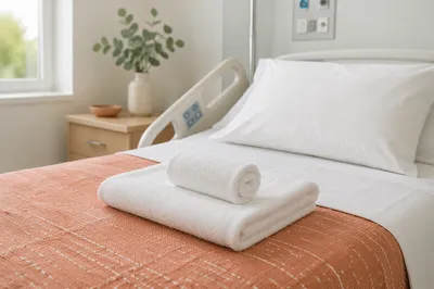 Clean Hospital Bed with Warm Terracotta Blanket