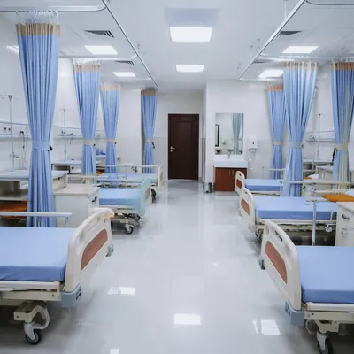 Clean Hospital Ward Interior with Empty Beds