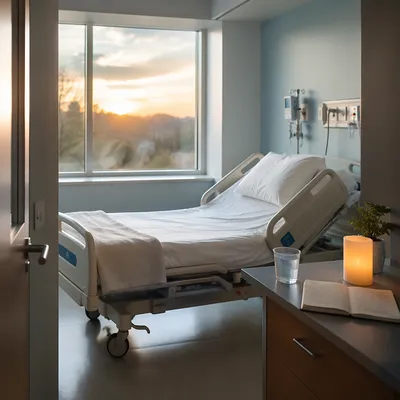 Peaceful Sunrise Hospital Room with Empty Bed