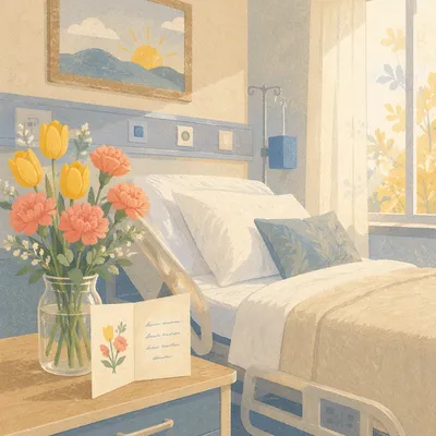 Peaceful Hospital Room with Flowers and Card