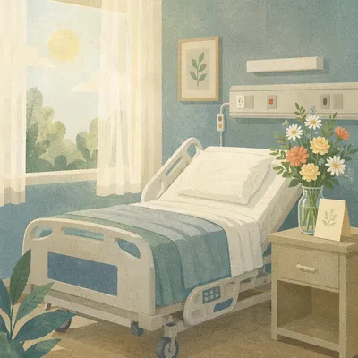 Peaceful Hospital Room with Flowers and Card