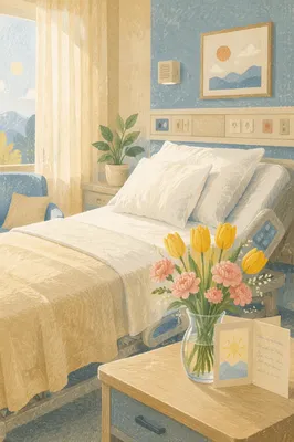 Hopeful Hospital Room with Flowers and Card
