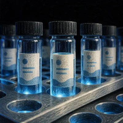 Blue Lit Laboratory Vials in Metal Rack