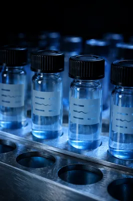 Blue Lit Laboratory Vials in Metal Rack