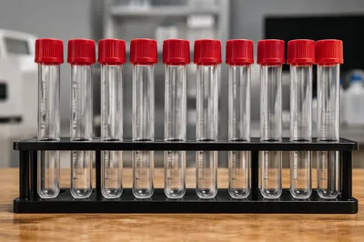Red Capped Laboratory Test Tubes on Wooden Bench