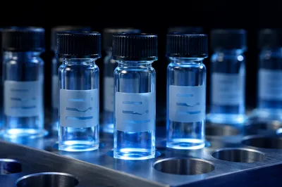 Blue Lit Laboratory Vials in Metal Rack