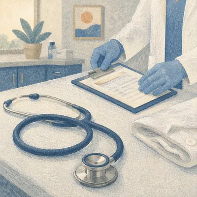 Close-Up Stethoscope on Clinic Examination Table