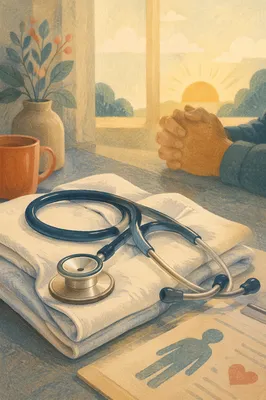 Stethoscope on Clinician Coat with Prayerful Hands