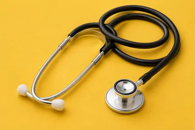 Close Up Stethoscope on Mustard Surface