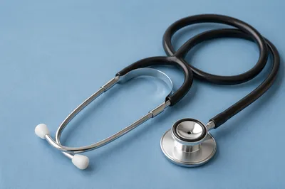 Close-Up Stethoscope on Pastel Blue Surface