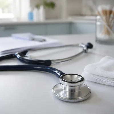 Close-Up Stethoscope on Clinic Examination Table