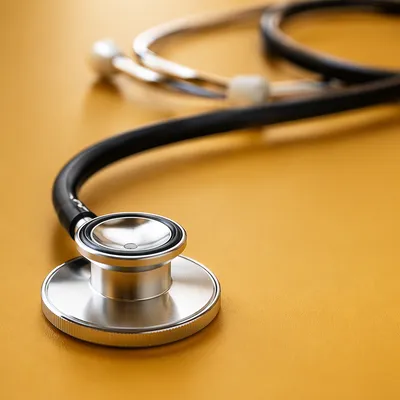 Close Up Stethoscope on Mustard Surface