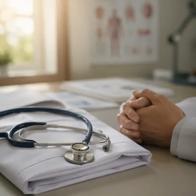 Stethoscope on Clinic Coat with Prayerful Hands