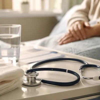 Peaceful Stethoscope Close Up on Bedside Tray