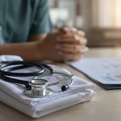 Stethoscope on Clinician Coat with Prayerful Care