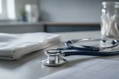 Close-Up Stethoscope on Clinic Examination Table