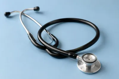 Close-Up Medical Stethoscope on Blue Table