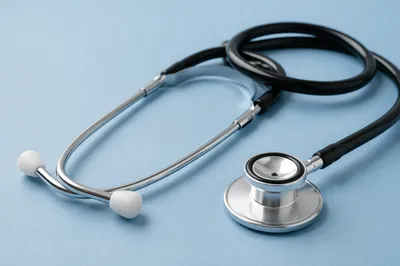 Close-Up Stethoscope on Pastel Blue Surface