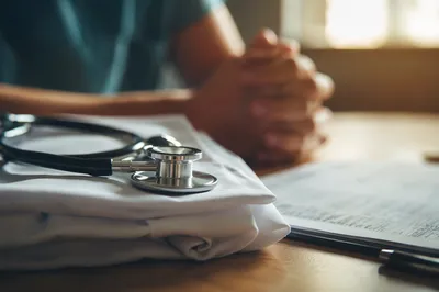 Stethoscope on Clinician Coat with Prayerful Hands