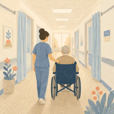 Nurse Assisting Elderly Patient in Corridor